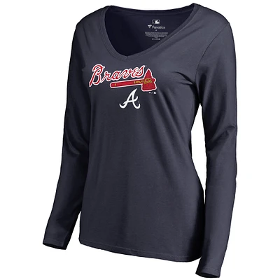 Women's Navy Atlanta Braves Team Lockup Slim Fit Long Sleeve V-Neck T-Shirt