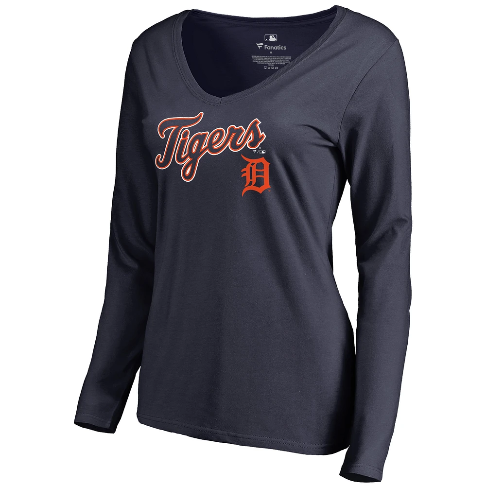 Women's Navy Detroit Tigers Team Lockup Slim Fit Long Sleeve V-Neck T-Shirt