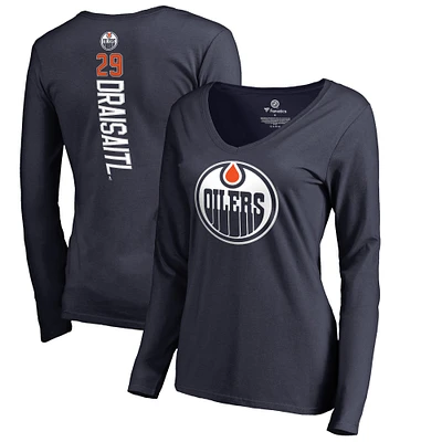 Women's Leon Draisaitl Navy Edmonton Oilers Backer Name & Number Slim Fit Long Sleeve V-Neck T-Shirt