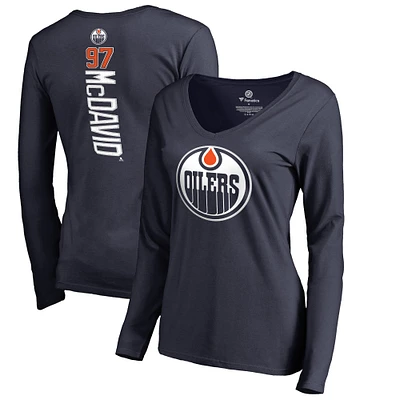Women's Connor McDavid Navy Edmonton Oilers Backer Name & Number Slim Fit Long Sleeve V-Neck T-Shirt