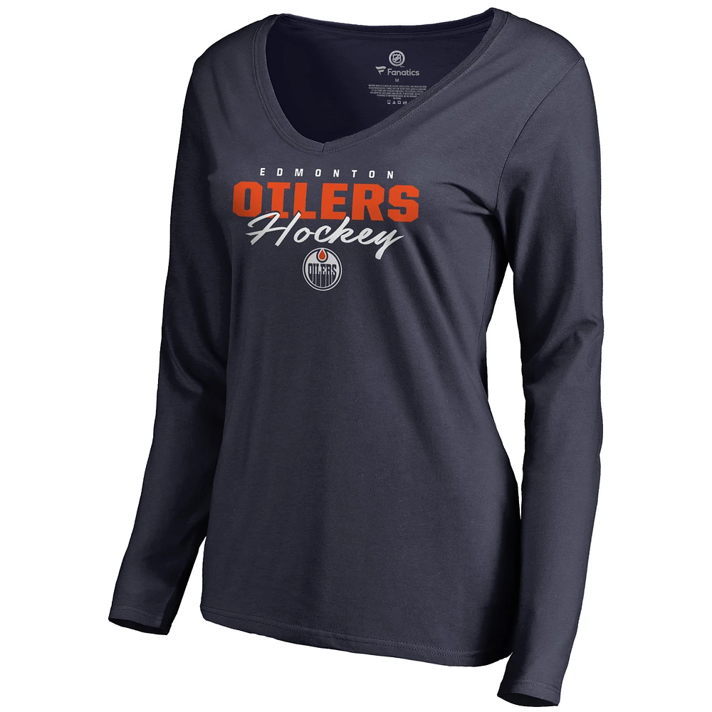 Women's Navy Edmonton Oilers Iconic Collection Script Assist Long Sleeve V-Neck T-Shirt