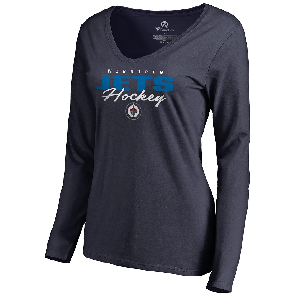 Women's Navy Winnipeg Jets Iconic Collection Script Assist Long Sleeve V-Neck T-Shirt
