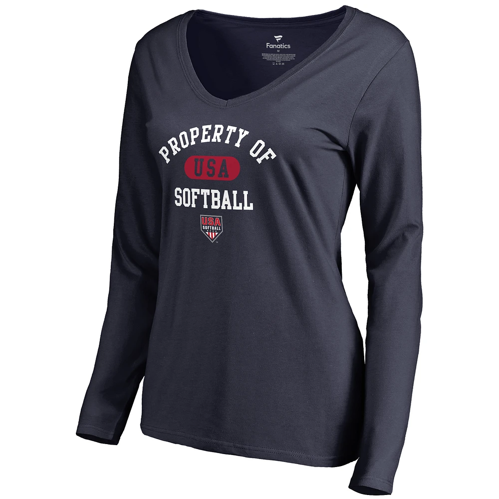 Women's Navy USA Softball Property Of V-Neck Long Sleeve T-Shirt