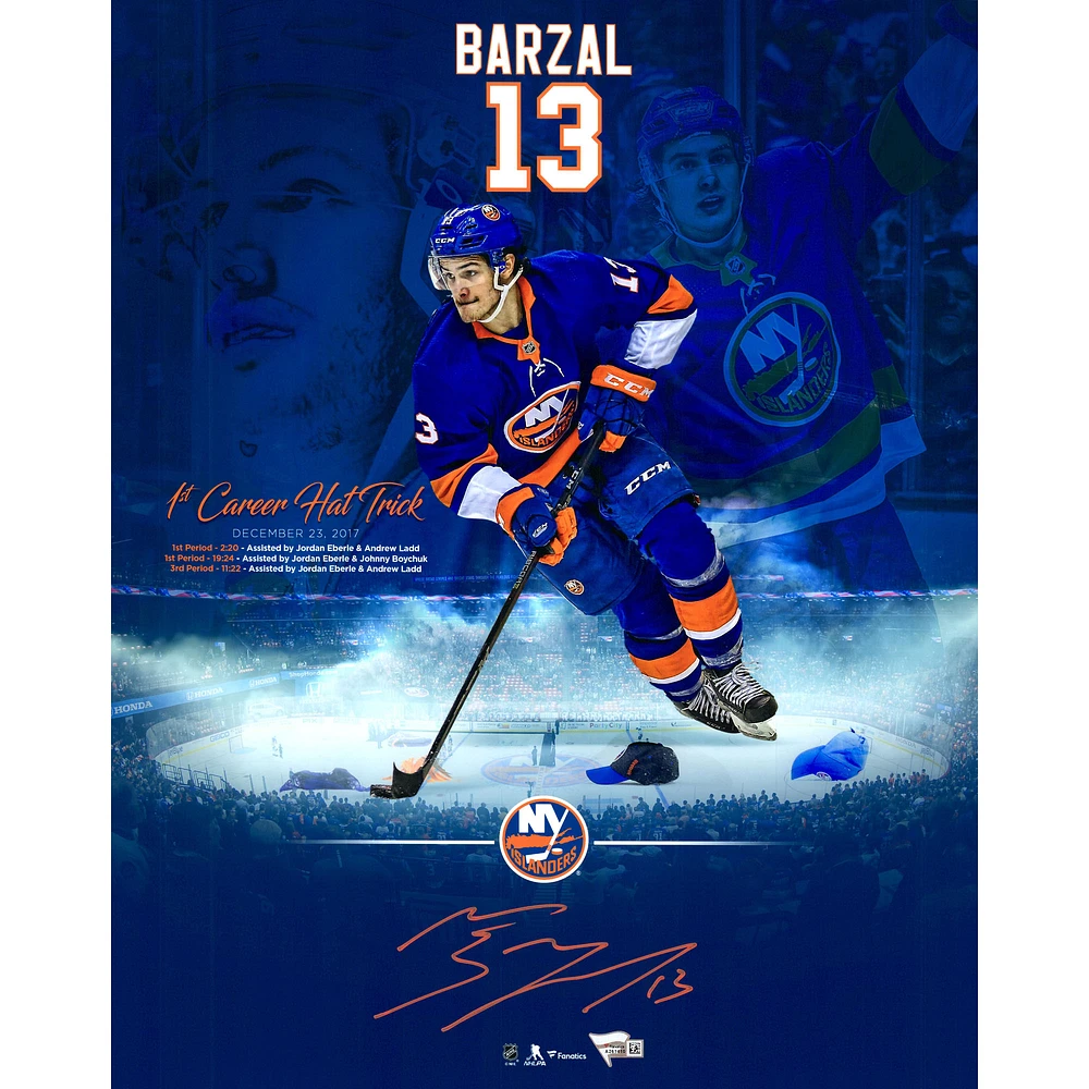 Mathew Barzal New York Islanders Autographed 16" x 20" First NHL Hat Trick Highlight Photograph