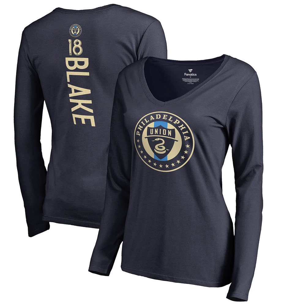 Women's Andre Blake Navy Philadelphia Union Backer Name & Number Long Sleeve V-Neck T-Shirt