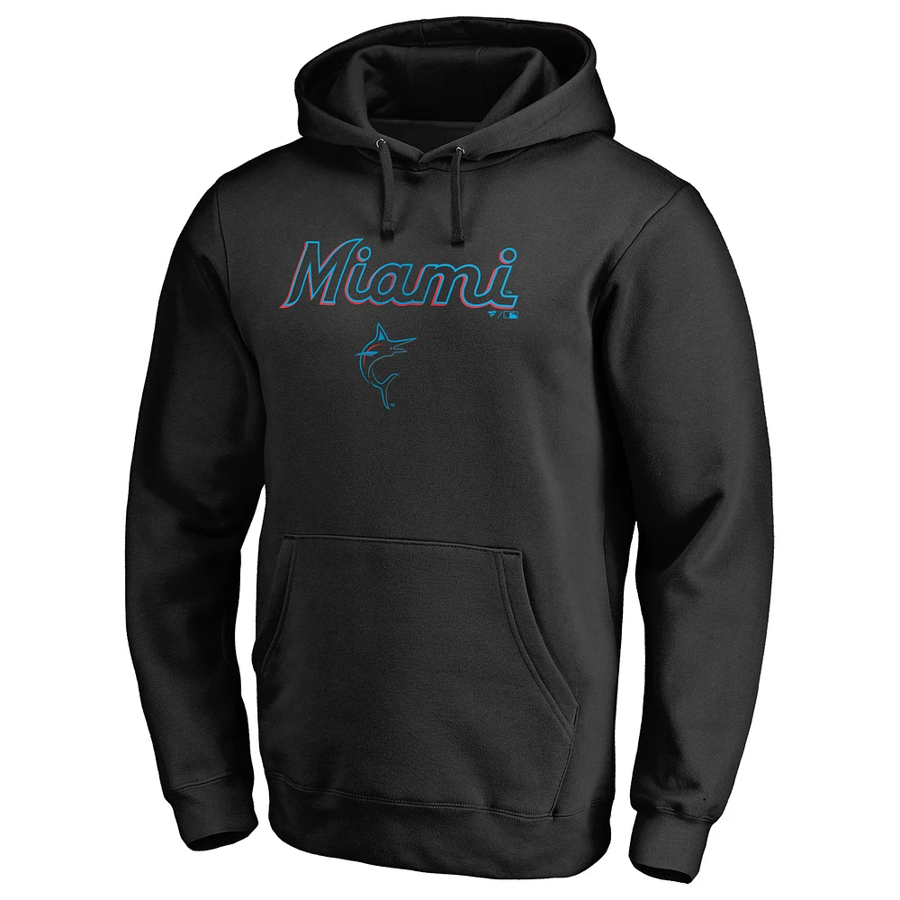 Men's Black Miami Marlins Team Lockup Fitted Pullover Hoodie