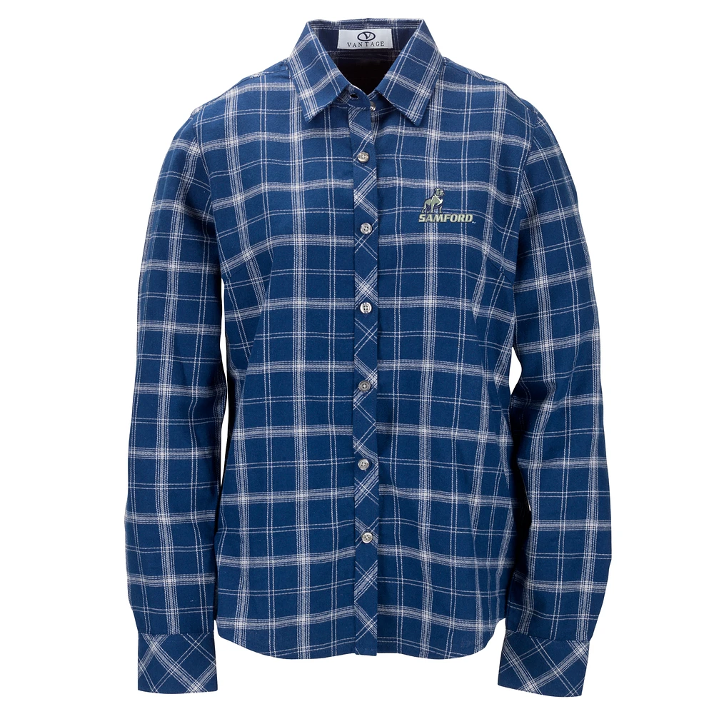 Women's Navy Samford Bulldogs Brewer Flannel Button-Down Long Sleeve Shirt