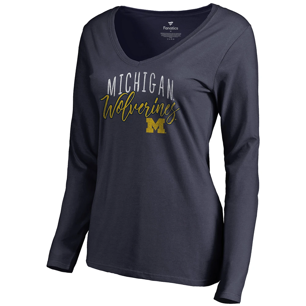 Women's Navy Michigan Wolverines Graceful Long Sleeve V-Neck T-Shirt