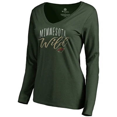 Women's Green Minnesota Wild Graceful Long Sleeve V-Neck T-Shirt
