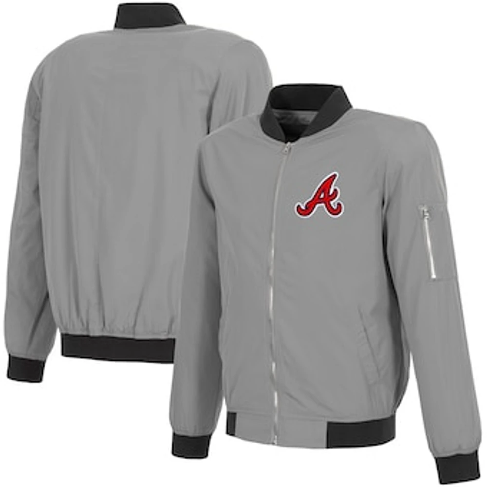 Men's JH Design Gray Atlanta Braves Lightweight Nylon Bomber Jacket