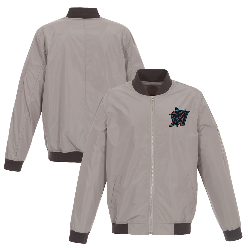 Men's JH Design Gray Miami Marlins Lightweight Nylon Bomber Jacket