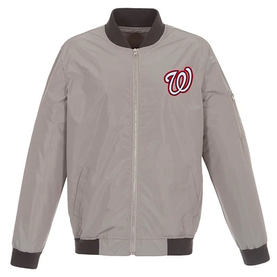 Men's JH Design Gray Washington Nationals Lightweight Nylon Bomber Jacket