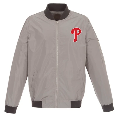 Men's JH Design Gray Philadelphia Phillies Lightweight Nylon Bomber Jacket