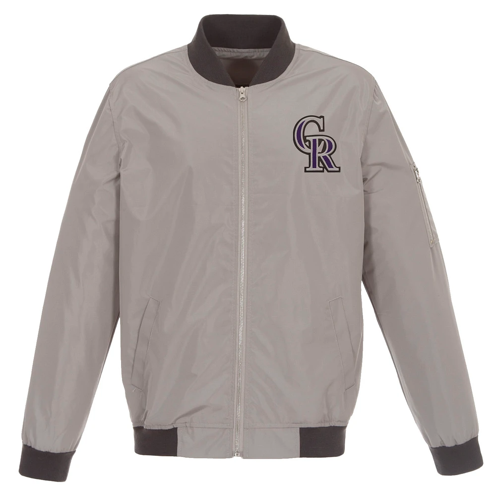 Men's JH Design Gray Colorado Rockies Lightweight Nylon Bomber Jacket