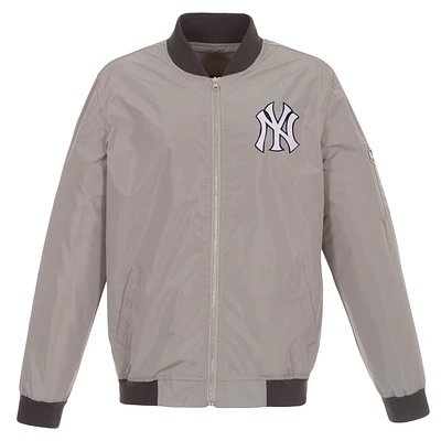 Men's JH Design Gray New York Yankees Lightweight Nylon Bomber Jacket