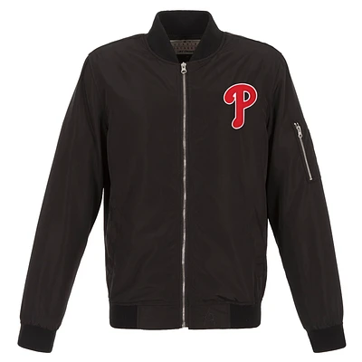Men's JH Design Black Philadelphia Phillies Lightweight Nylon Bomber Jacket