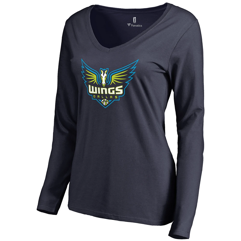 Women's Navy Dallas Wings Primary Logo Long Sleeve V-Neck T-Shirt