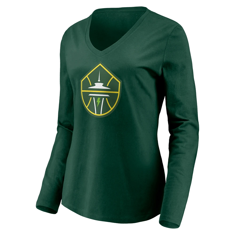Women's Green Seattle Storm Primary Logo Long Sleeve V-Neck T-Shirt