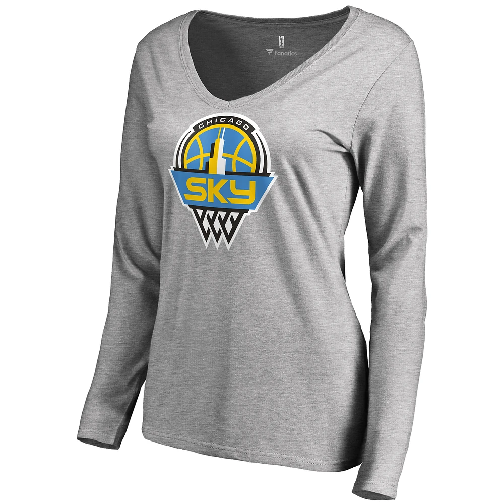 Women's Heathered Gray Chicago Sky Primary Logo Long Sleeve V-Neck T-Shirt