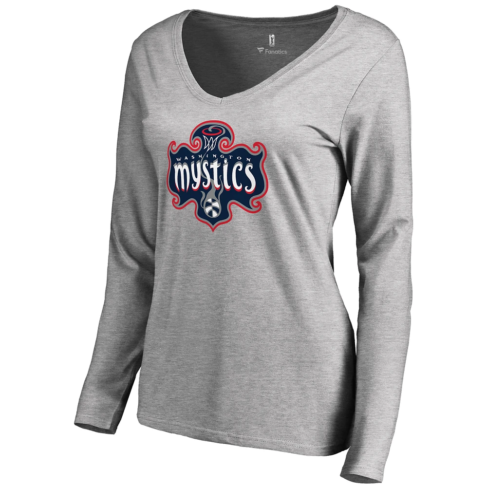 Women's Heathered Gray Washington Mystics Primary Logo Long Sleeve V-Neck T-Shirt