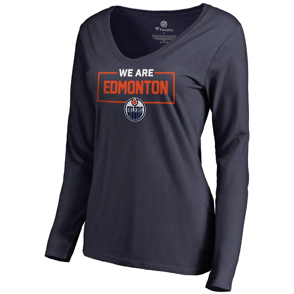 Women's Navy Edmonton Oilers Iconic Collection We Are Long Sleeve V-Neck T-Shirt