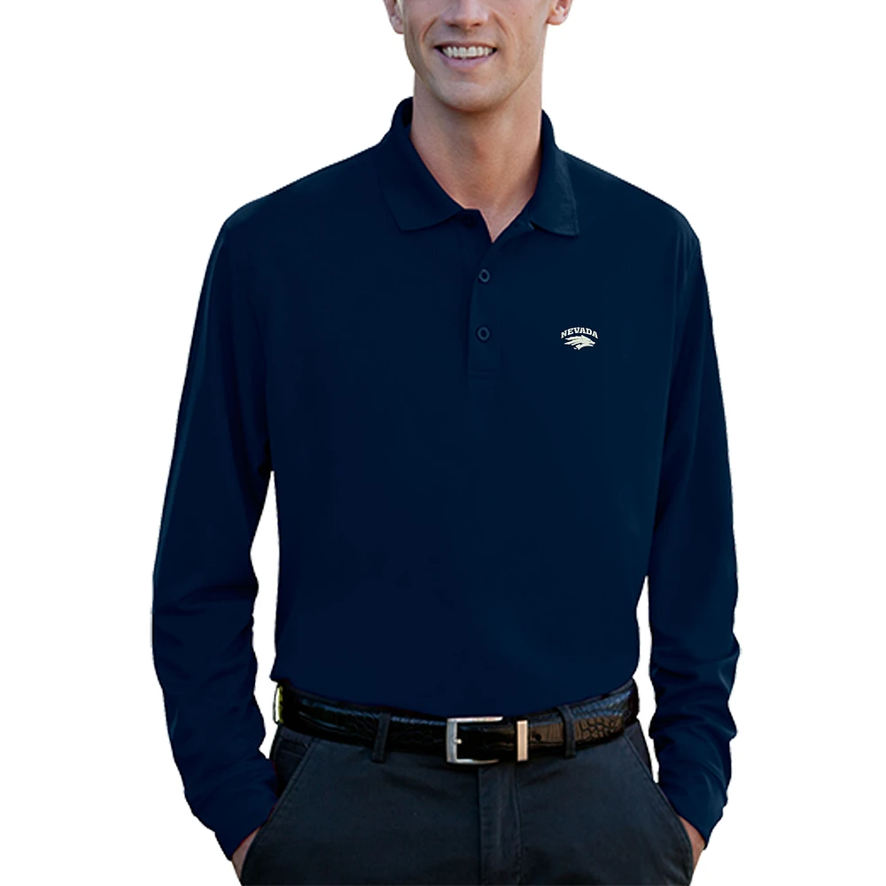 Men's Navy Nevada Wolf Pack Vansport Omega Long Sleeve Solid Mesh Tech Polo