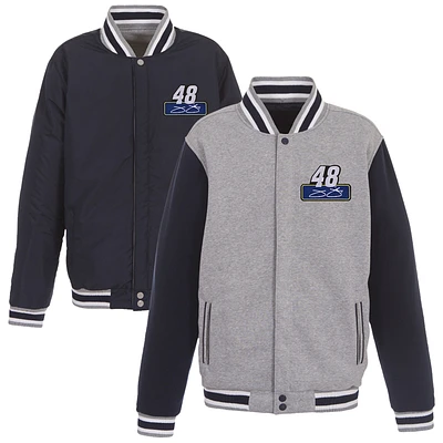 Men's JH Design Heather Gray/Navy Jimmie Johnson Reversible Fleece Varsity Jacket