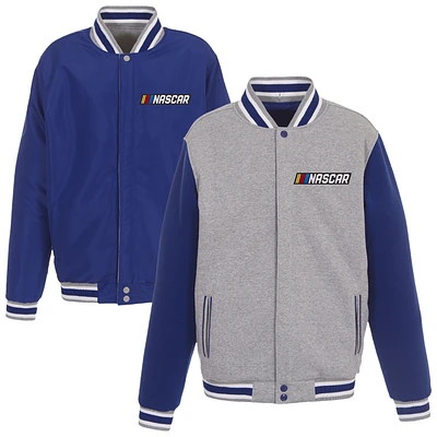 Men's JH Design Heather Gray/Royal NASCAR Reversible Fleece Varsity Jacket