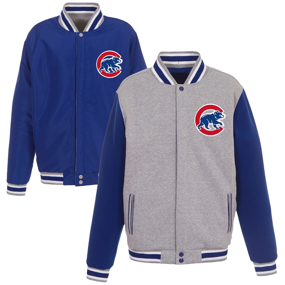 Men's JH Design Gray Chicago Cubs Embroidered Reversible Full Snap Fleece Jacket