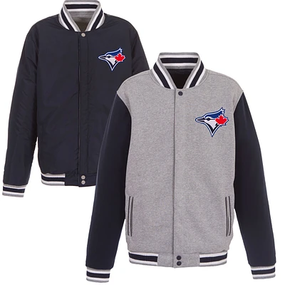 Men's JH Design Gray Toronto Blue Jays Embroidered Reversible Full Snap Fleece Jacket