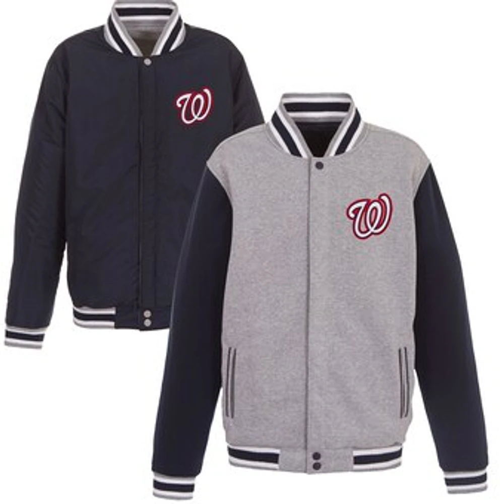 Men's JH Design Gray Washington Nationals Embroidered Reversible Full Snap Fleece Jacket