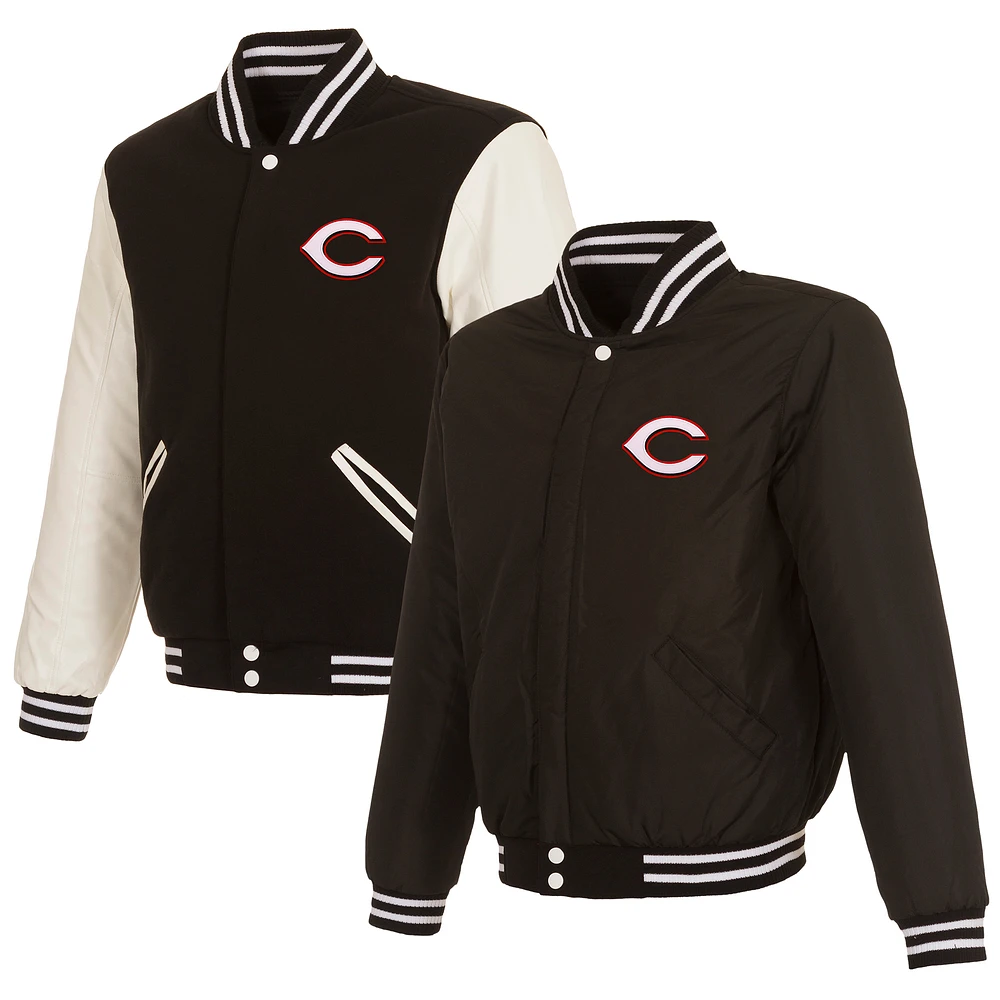 Men's JH Design Black Cincinnati Reds Reversible Fleece Jacket with Faux Leather Sleeves