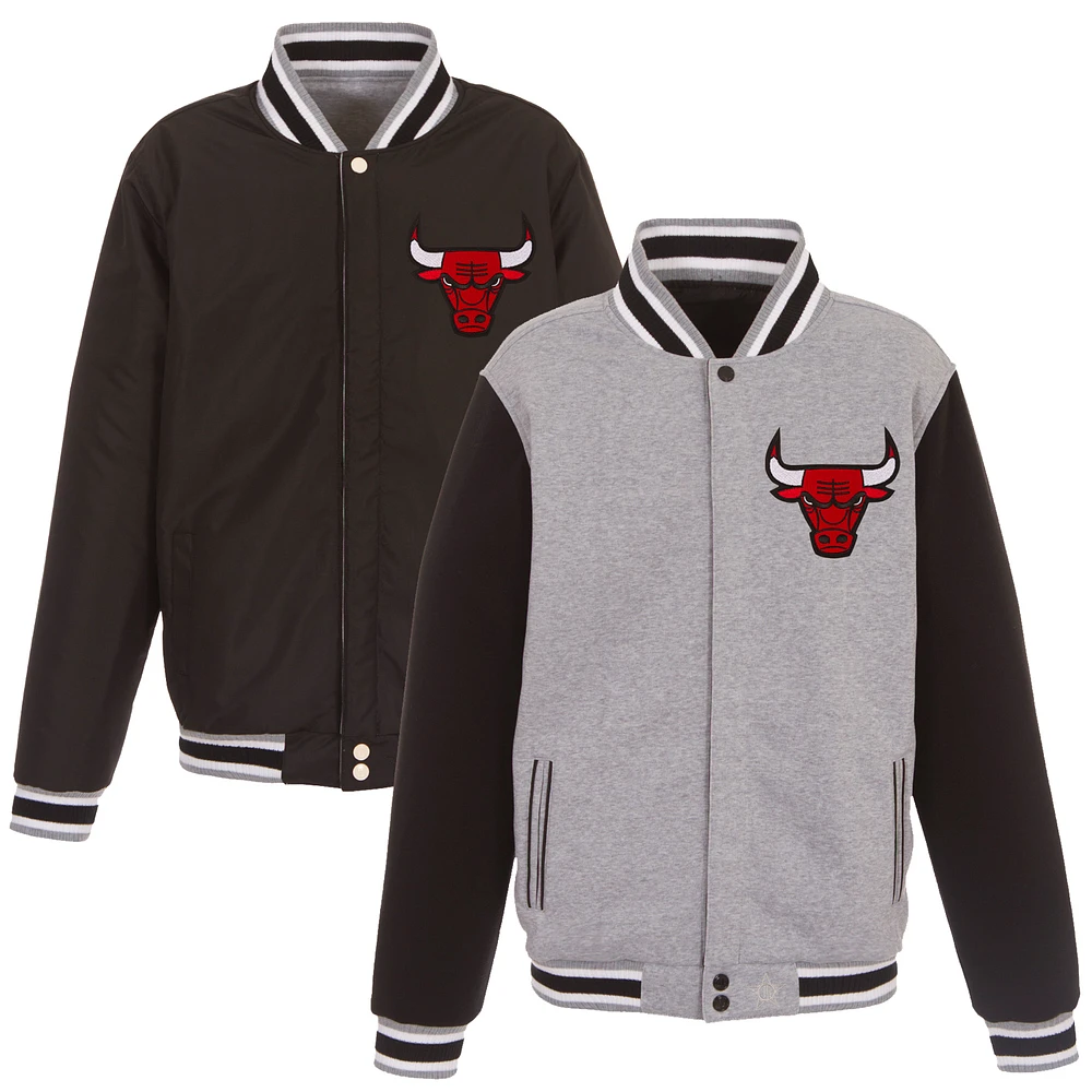 Men's JH Design Gray/Black Chicago Bulls Embroidered Logo Reversible Fleece Full-Snap Jacket