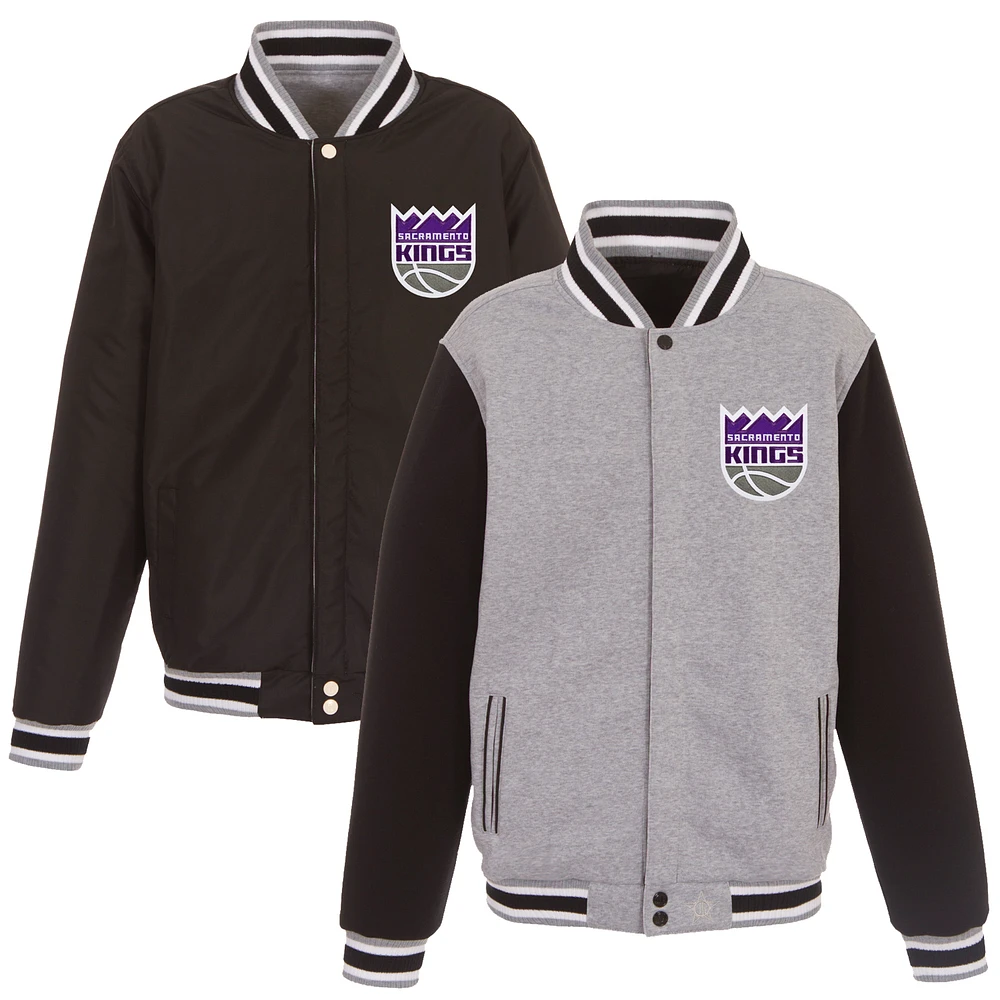 Men's JH Design Gray/Black Sacramento Kings Embroidered Logo Reversible Fleece Full-Snap Jacket