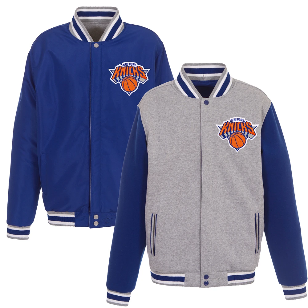 Men's JH Design Gray/Royal New York Knicks Embroidered Logo Reversible Fleece Full-Snap Jacket