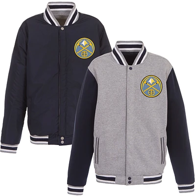 Men's JH Design Gray/Navy Denver Nuggets Embroidered Logo Reversible Fleece Full-Snap Jacket