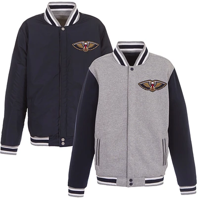 Men's JH Design Gray/Navy New Orleans Pelicans Embroidered Logo Reversible Fleece Full-Snap Jacket