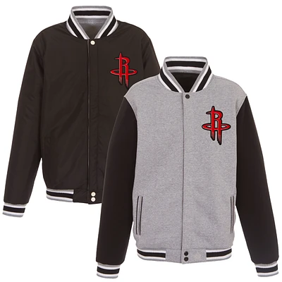 Men's JH Design Gray/Black Houston Rockets Embroidered Logo Reversible Fleece Full-Snap Jacket