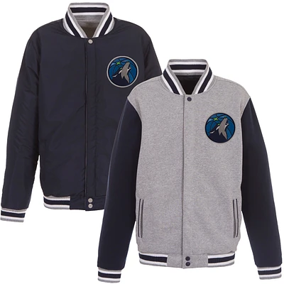 Men's JH Design Gray/Navy Minnesota Timberwolves Embroidered Logo Reversible Fleece Full-Snap Jacket