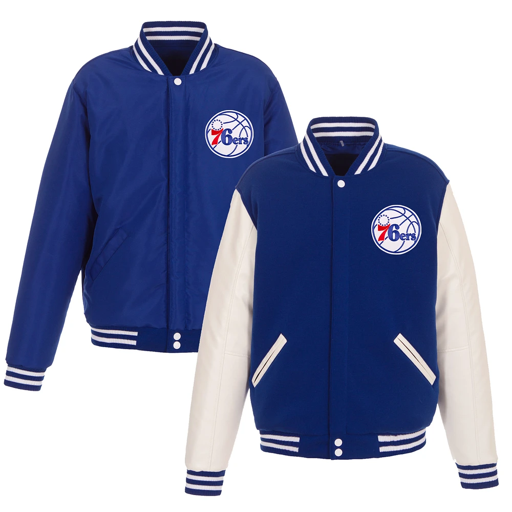 Men's JH Design Royal/White Philadelphia 76ers Reversible Fleece & Faux Leather Full-Snap Jacket
