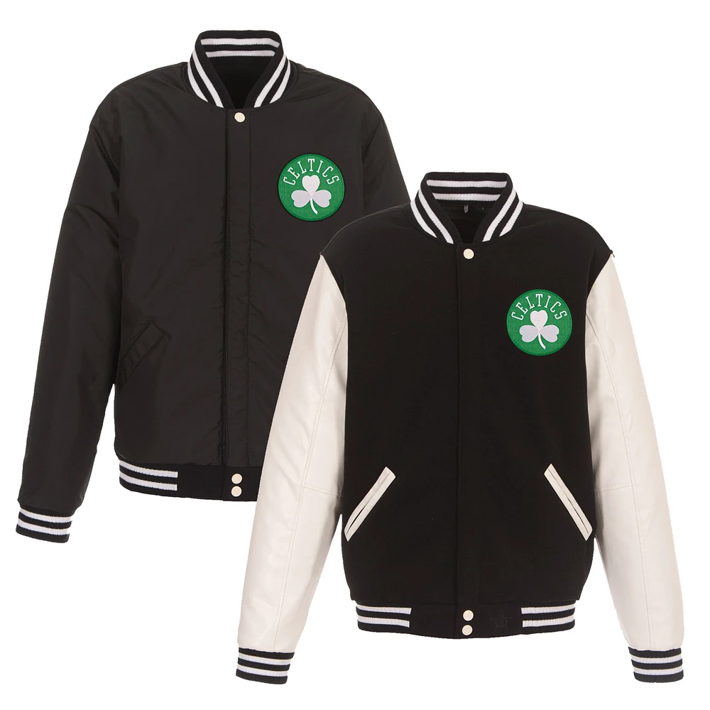 Men's JH Design Black/White Boston Celtics Reversible Fleece & Faux Leather Full-Snap Jacket