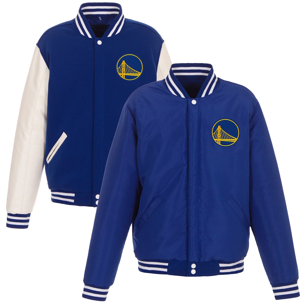 Men's JH Design Royal/White Golden State Warriors Reversible Fleece & Faux Leather Full-Snap Jacket