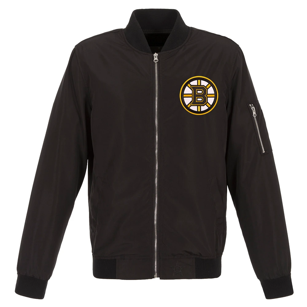 Men's JH Design Black Boston Bruins Lightweight Nylon Bomber Jacket