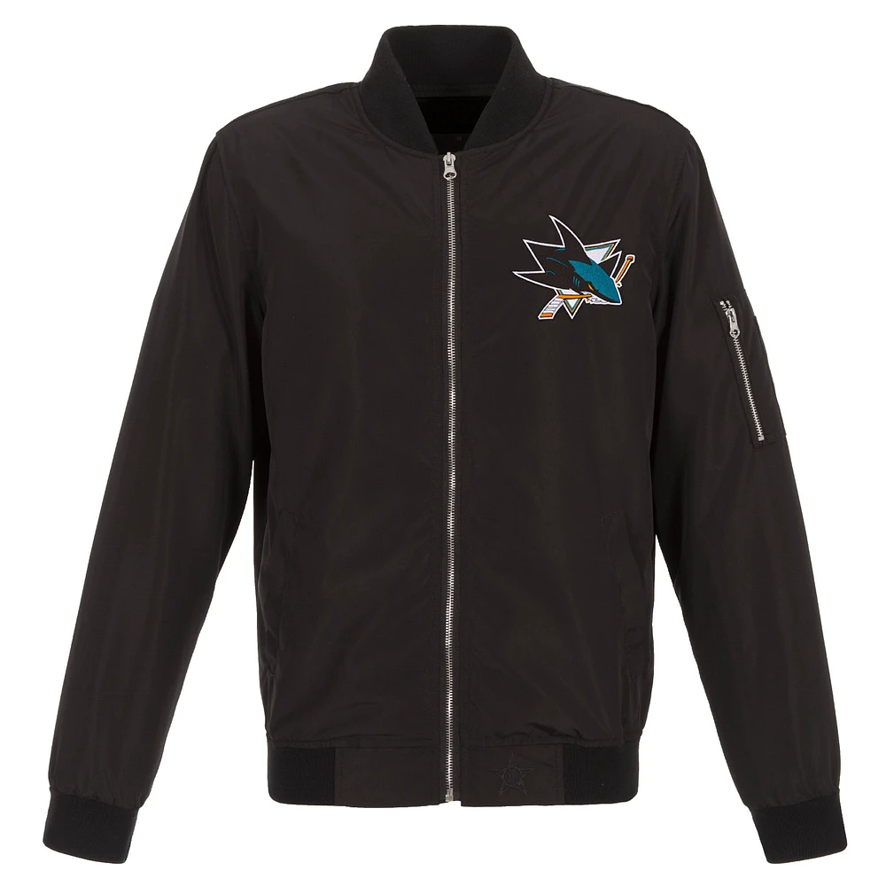 Men's JH Design Black San Jose Sharks Lightweight Nylon Bomber Jacket