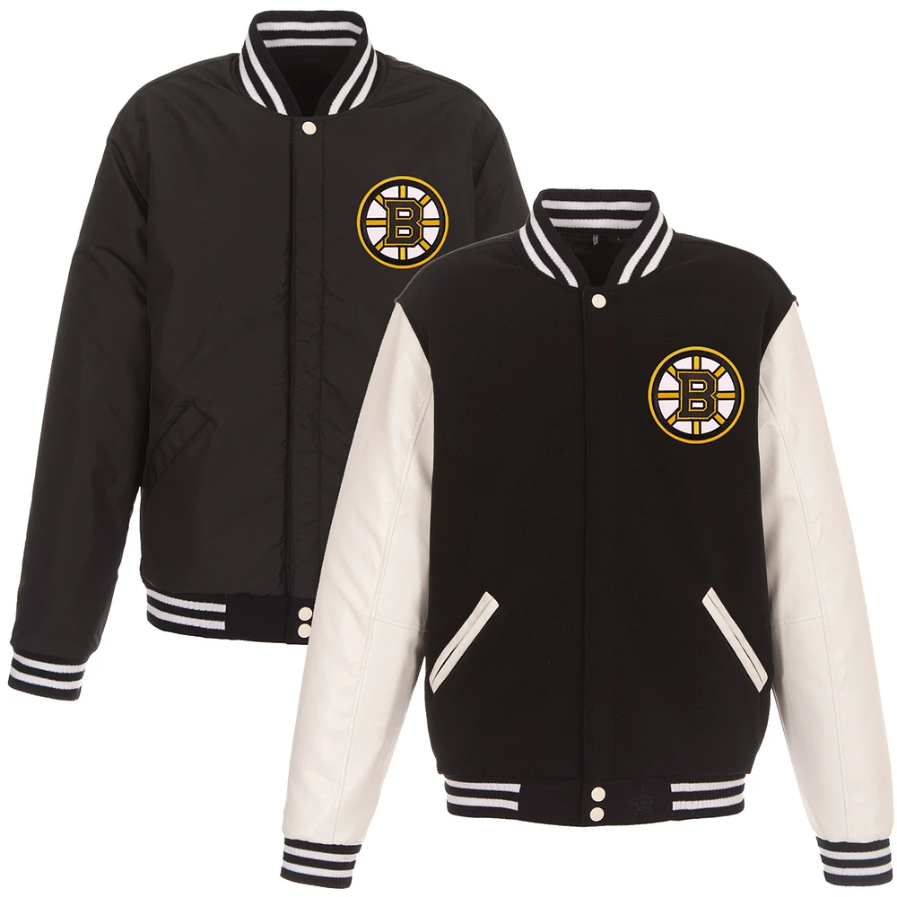 Men's JH Design Black/White Boston Bruins Reversible Fleece Jacket with Faux Leather Sleeves