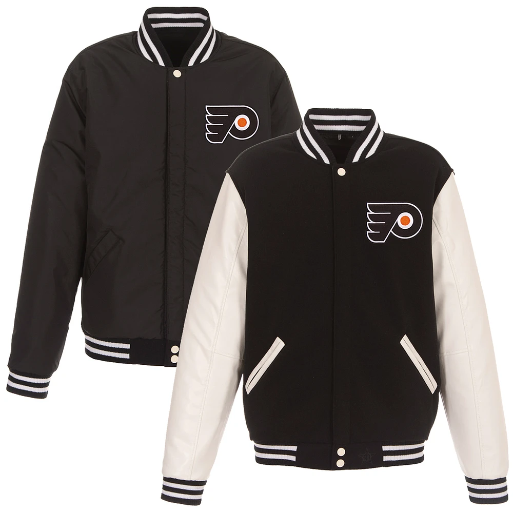 Men's JH Design Black/White Philadelphia Flyers Reversible Fleece Jacket with Faux Leather Sleeves