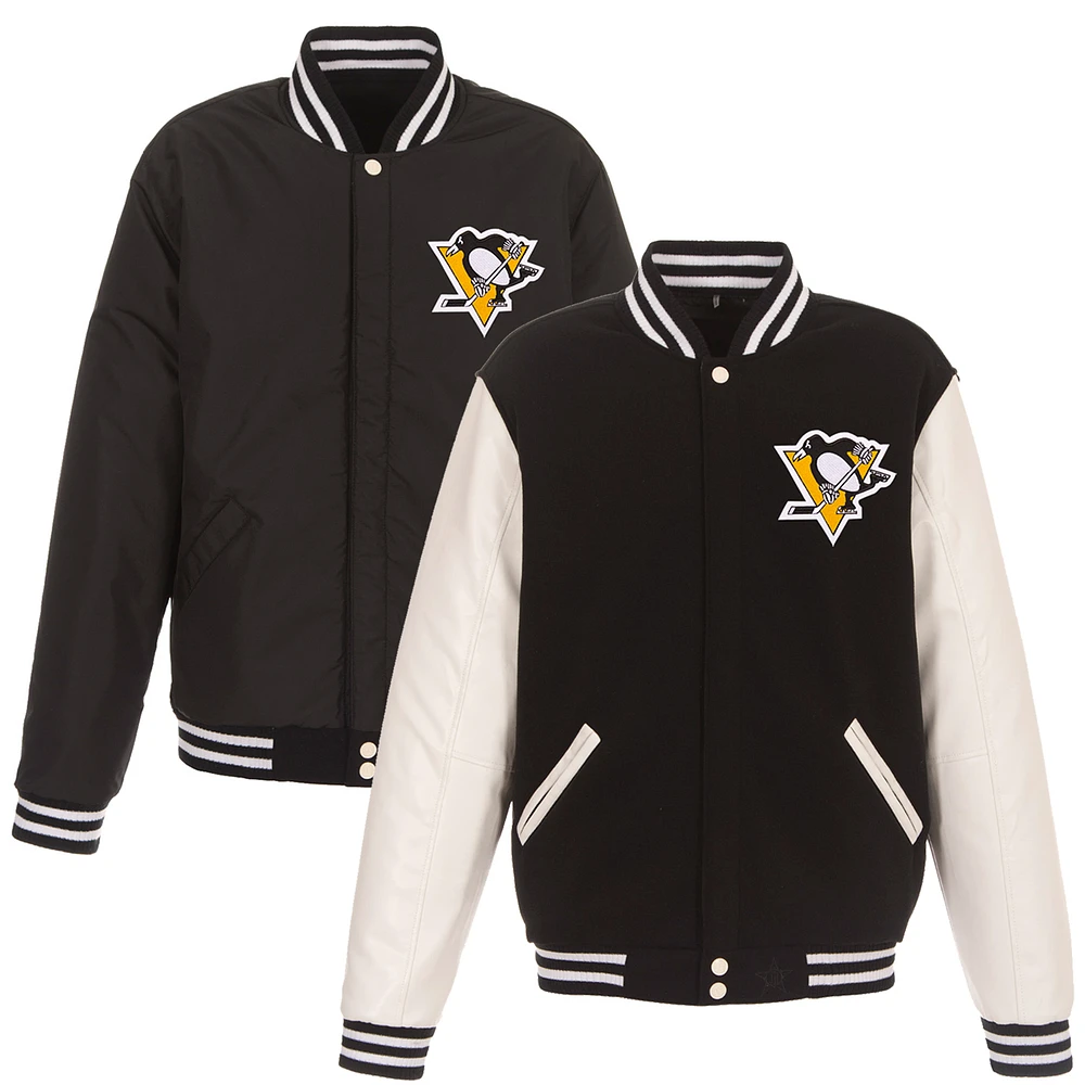 Men's JH Design Black/White Pittsburgh Penguins Reversible Fleece Jacket with Faux Leather Sleeves