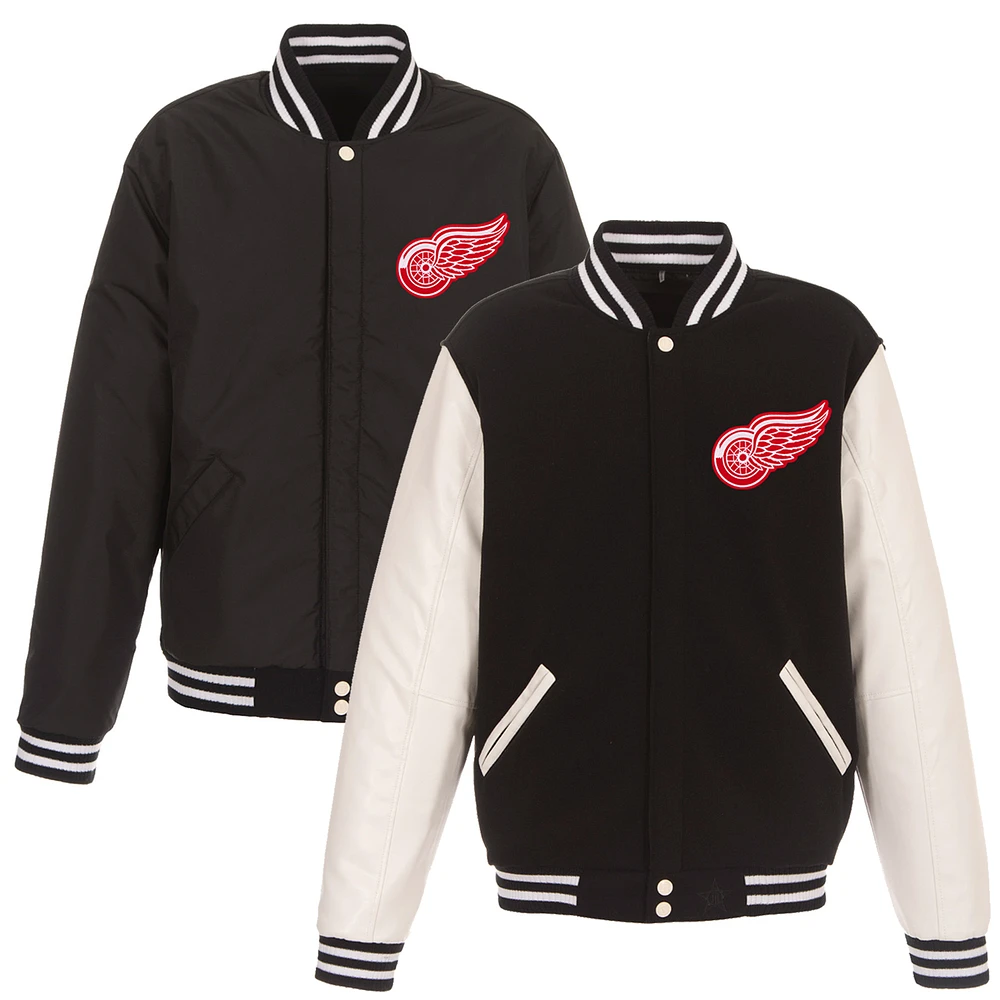 Men's JH Design Black/White Detroit Red Wings Reversible Fleece Jacket with Faux Leather Sleeves