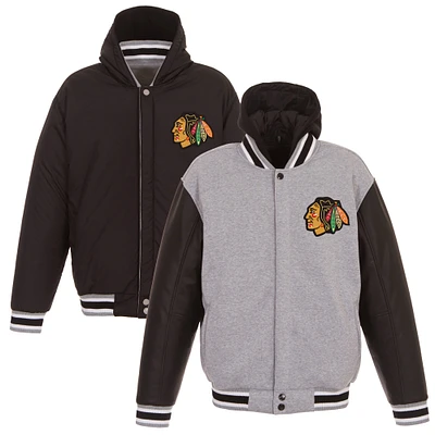 Men's JH Design Gray/Black Chicago Blackhawks Embroidered Logo Reversible Hooded Fleece Full-Snap Jacket
