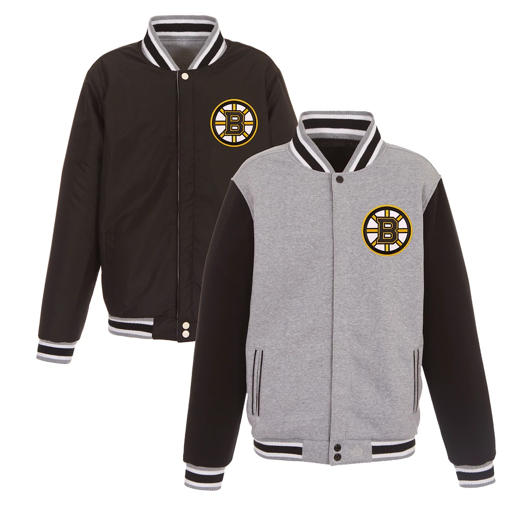 Men's JH Design Gray/Black Boston Bruins Embroidered Reversible Full Snap Fleece Jacket